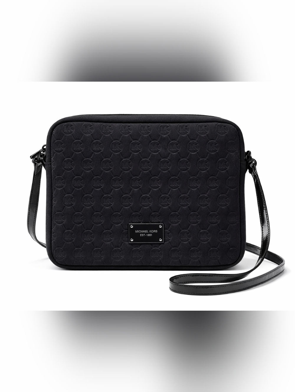 Michael Kors Mono Embossed Neoprene iPad Crossbody Bag Black Padded Tablet Purse